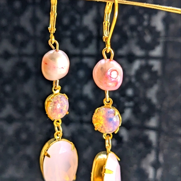 Pink Opal & Pink Fire Opal with Baroque Pearl in Yellow Gold Dangle Earrings - Picture 3 of 5